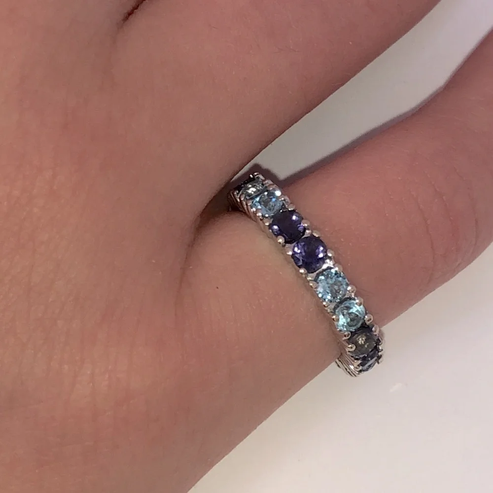 Solid 18K White Gold Eternity Band Ring (not 14K) Purple Blue Natural Gemstones